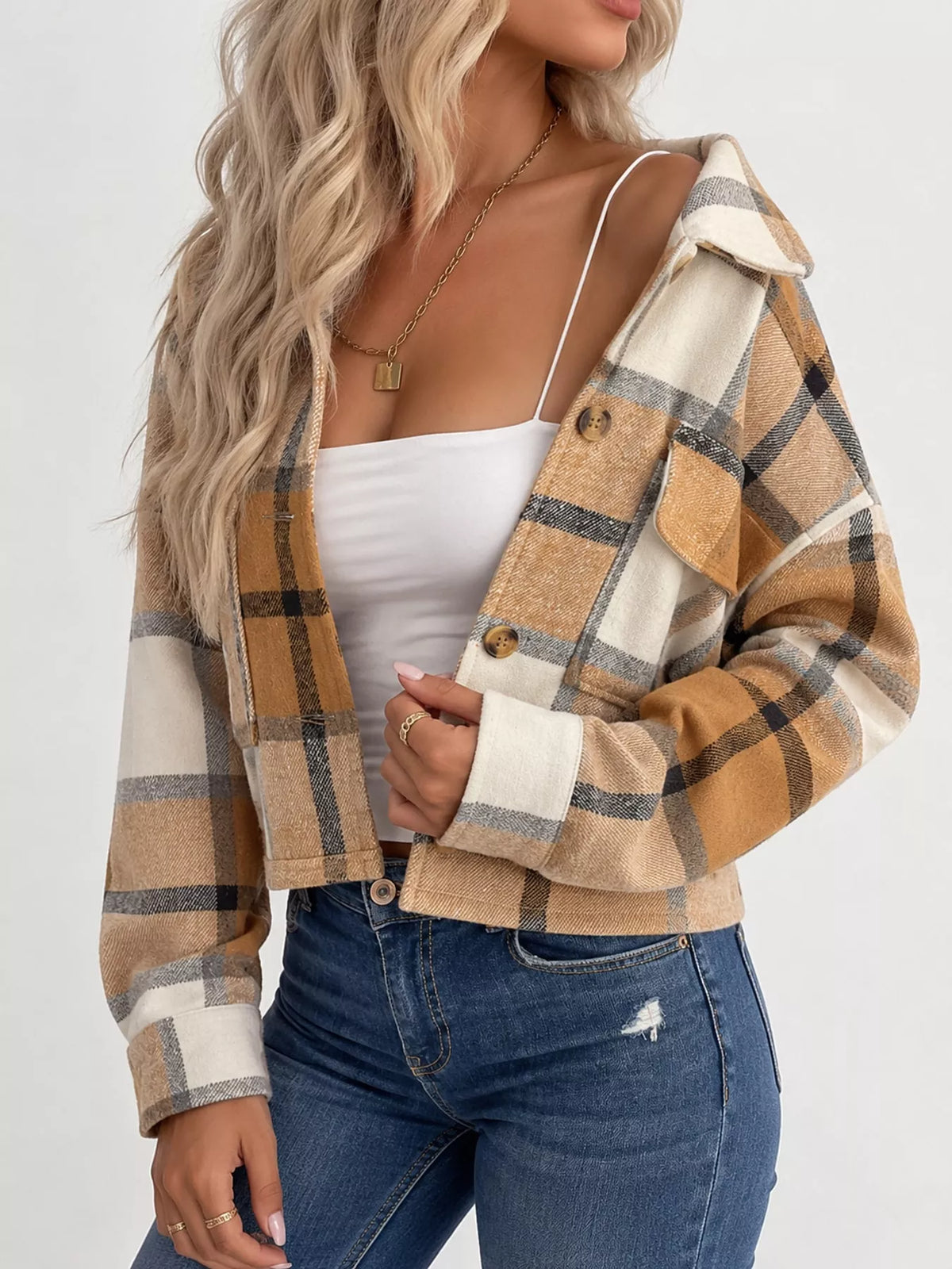 Plaid button-front cropped jacket, view 15