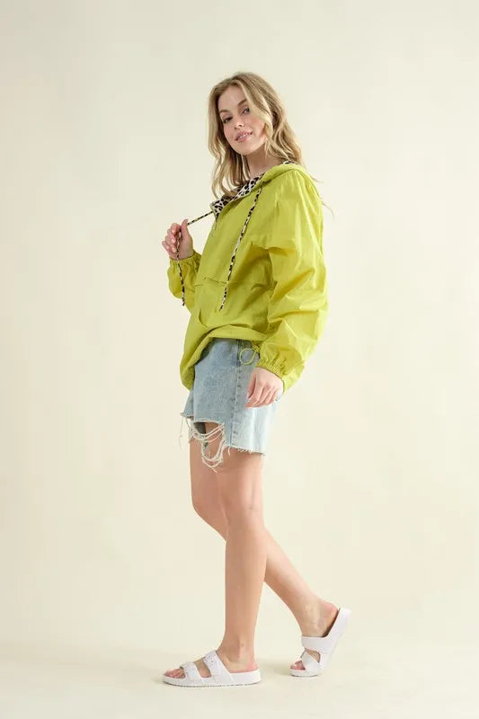 Lime leopard print hooded zip-up windbreaker with pockets, view 2