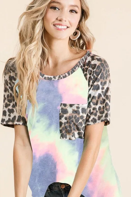 BiBi tie dye knit top by Trendsi featuring leopard raglan sleeves, casual stylish sweater with vibrant tie dye pattern.