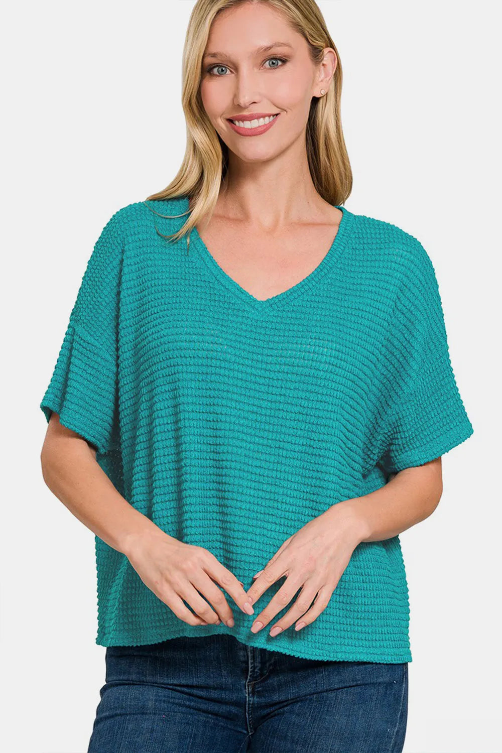 Zenana drop shoulder short sleeve jacquard knit top with textured pattern, in a stylish, feminine design.