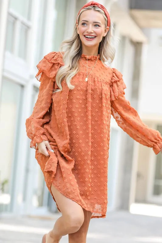 Textured woven ruffle shoulder dress by Trendsi featuring a stylish, feminine design with intricate detailing.