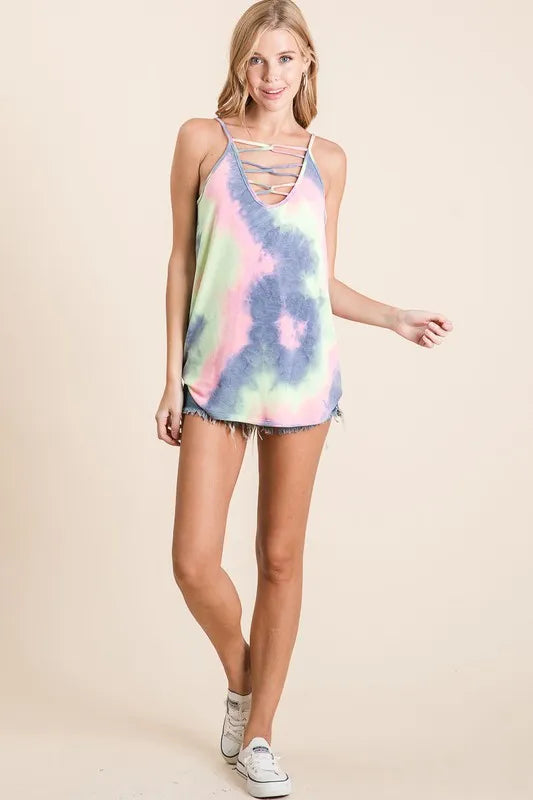 BiBi Tie Dye Terry Camisole with Caged Neck by Trendsi, featuring colorful tie dye fabric and unique caged neckline design.