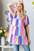 Heimish full size short sleeve striped tiered top with horizontal and vertical patterns, casual and stylish women's shirt.