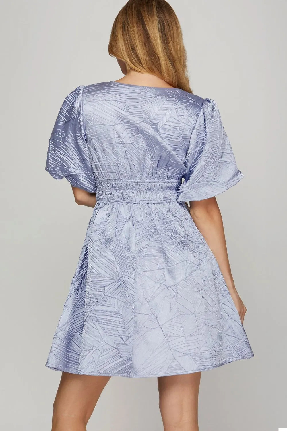 She + Sky crinkle woven V-neck mini dress with balloon sleeves, stylish and lightweight for a trendy look.