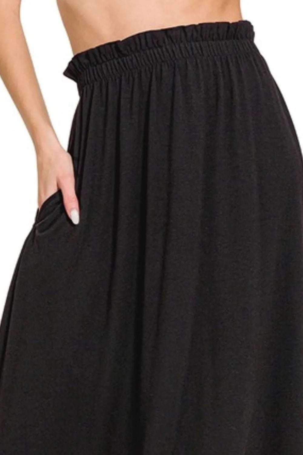 Trendsi Zenana paperbag waist midi skirt with pockets, beige fabric, high waist design, and side seam pockets, stylish and comfortable.