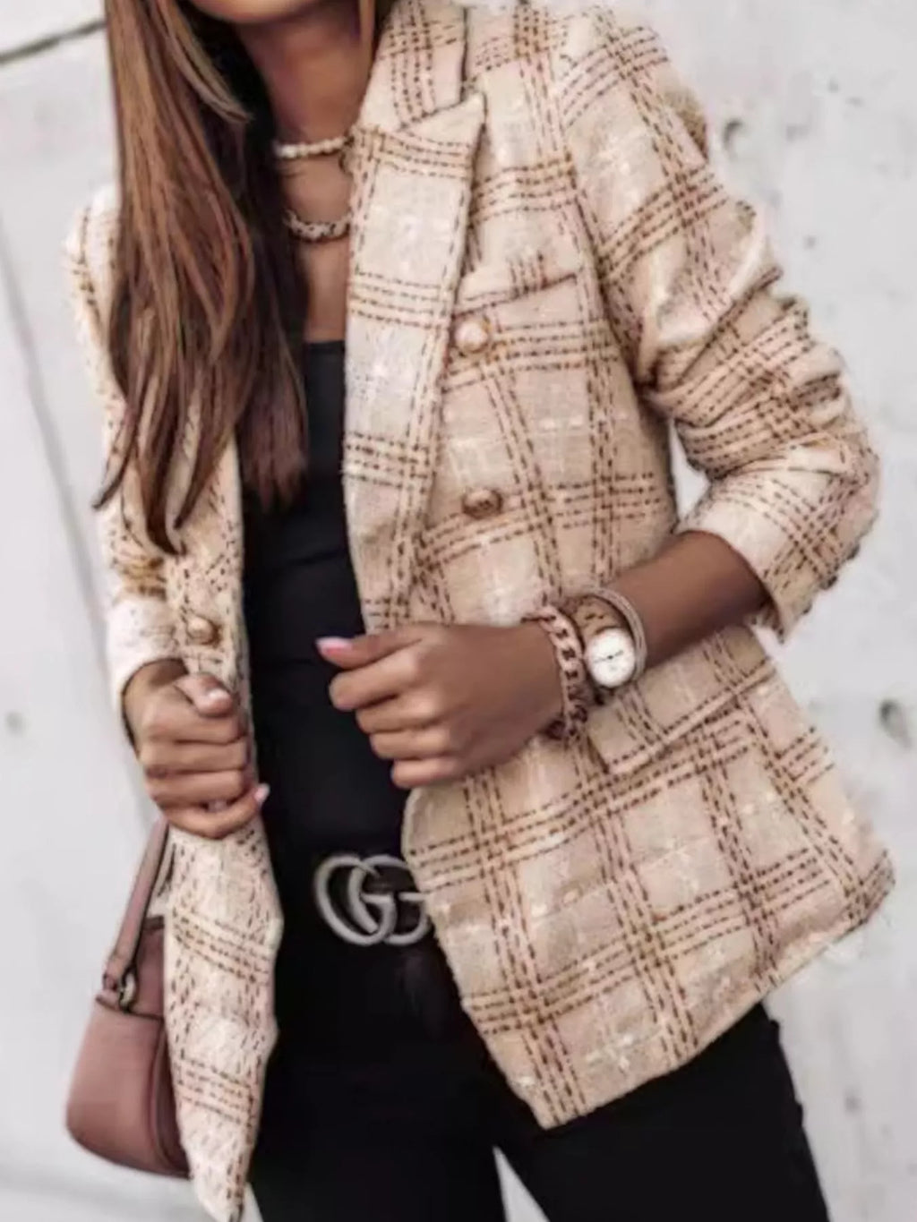 Plus size lined plaid tweed double-breasted blazer, view 11