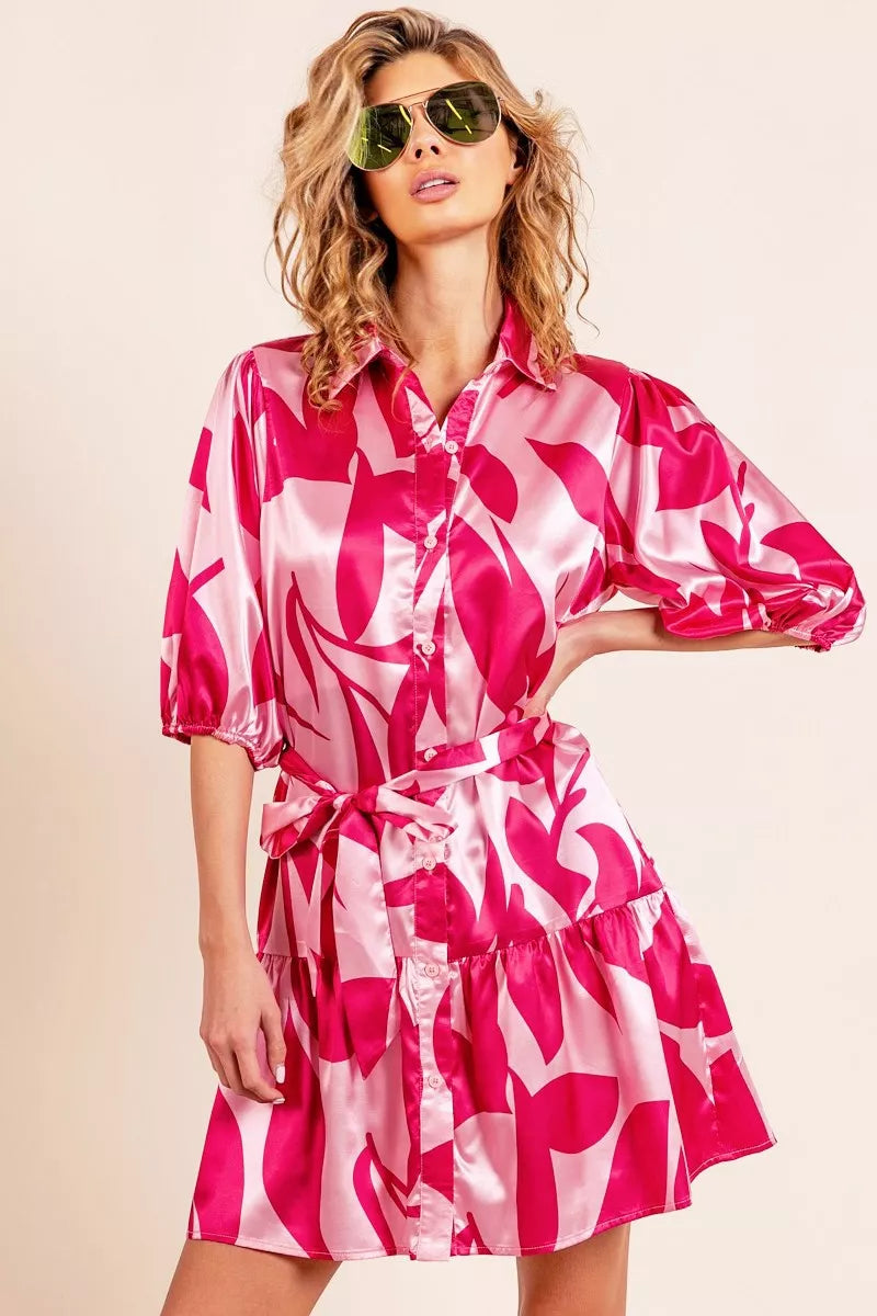 BiBi leaf pattern collared satin dress from Trendsi, featuring a stylish collar and elegant satin fabric with a vibrant leaf print.