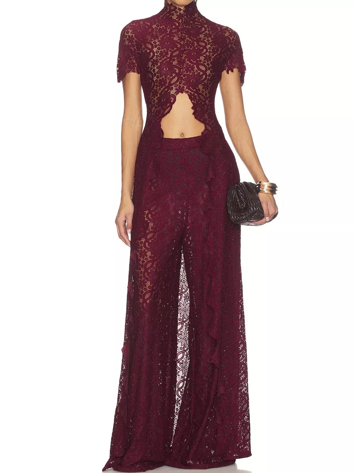 Elegant lace short sleeve top and matching pants set by Trendsi, featuring intricate lace details and a sophisticated design.