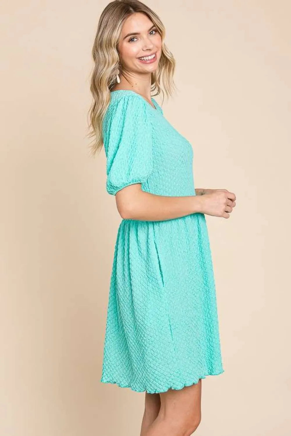 Textured round neck puff sleeve dress from Culture Code featuring a full-size fit and stylish design, perfect for casual or dressy occasions.