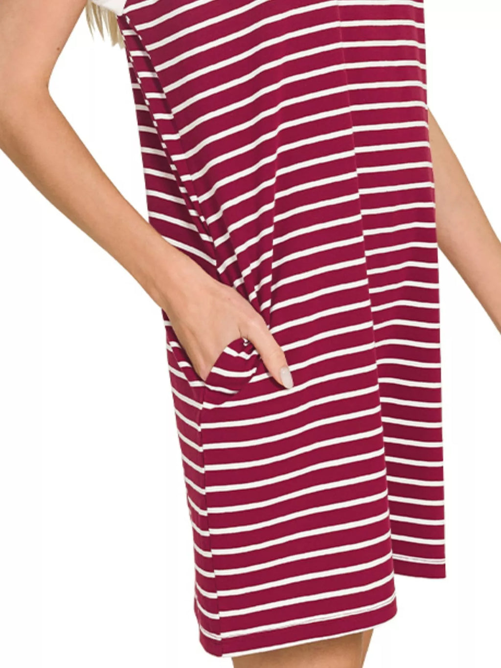 Zenana contrast trim striped T-shirt dress with short sleeves and casual fit, featuring bold horizontal stripes and contrasting trim.