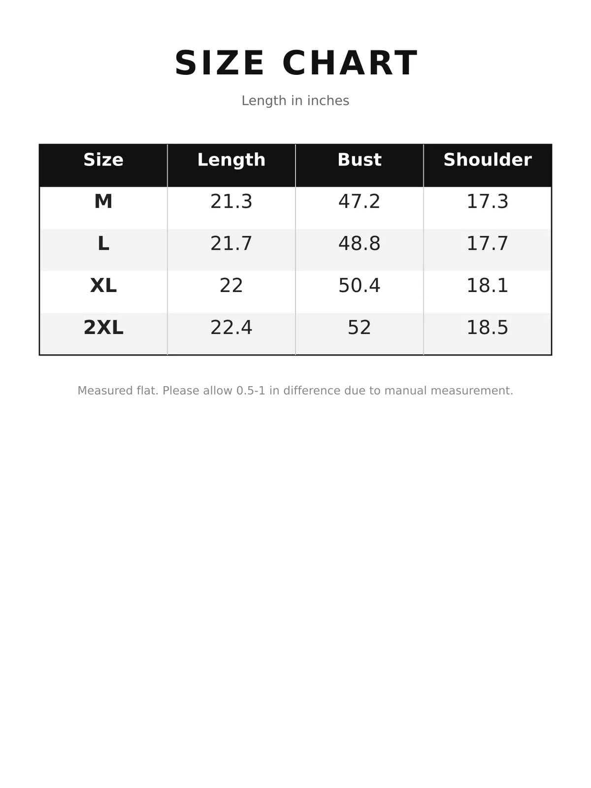 Size chart for drawstring snap button puffer vest