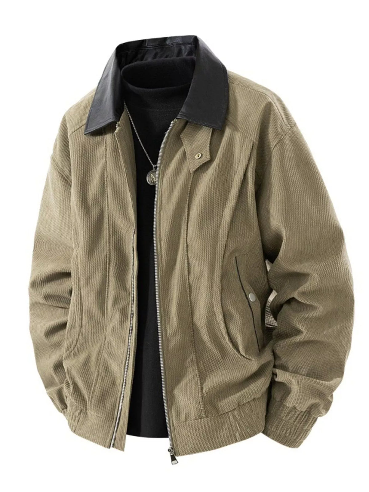 Men's plus size zip-up corduroy jacket with faux leather collar, view 3
