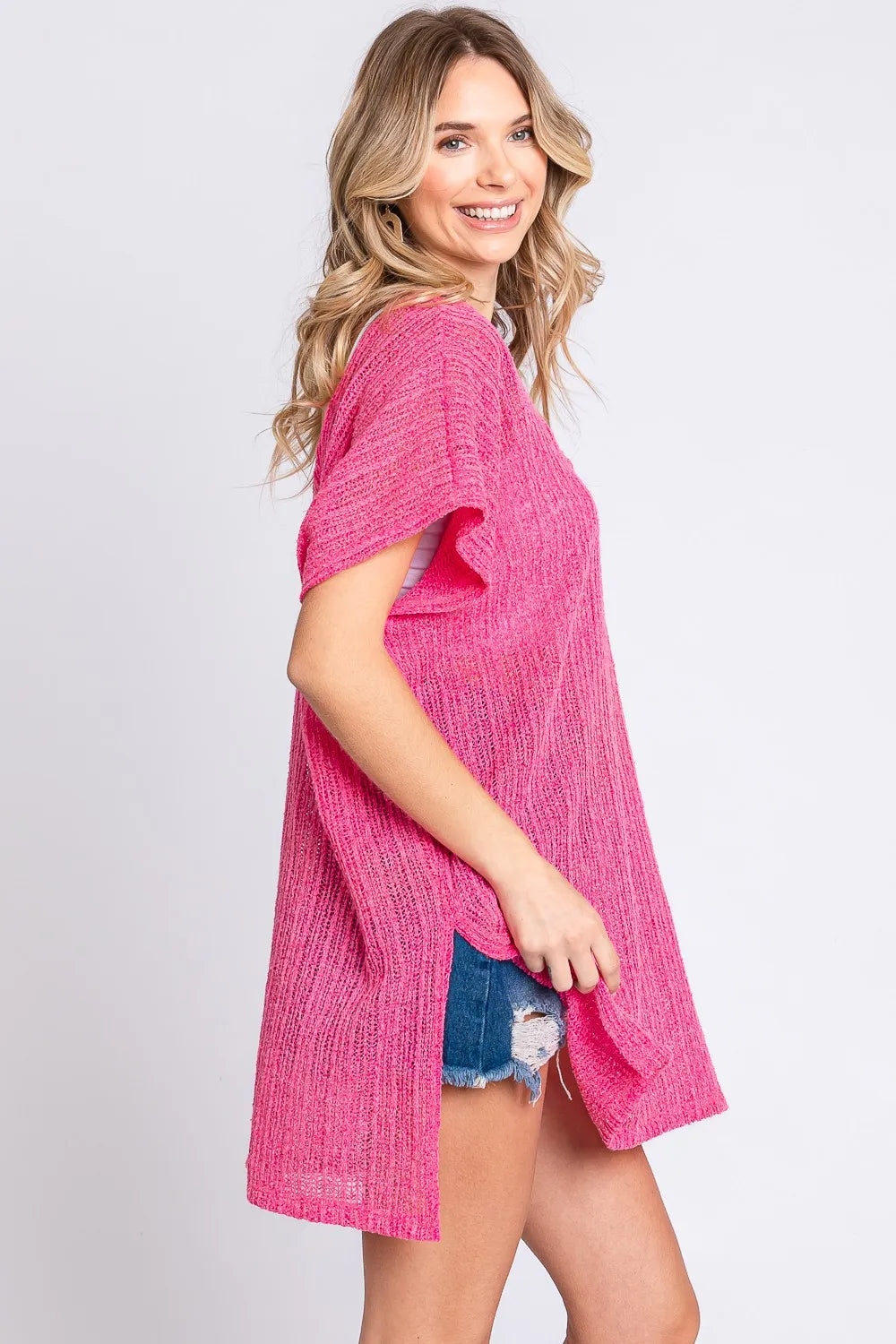 GeeGee short sleeve knit cover-up dress with side slits, stylish and lightweight for beach or casual wear.