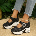 Polka dot rhinestone buckle platform loafers from Trendsi featuring black and white polka dot design with shiny rhinestone accents