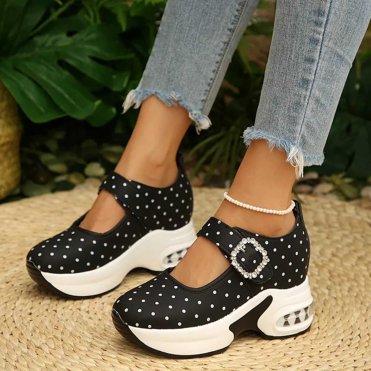 Polka dot rhinestone buckle platform loafers from Trendsi featuring black and white polka dot design with shiny rhinestone accents