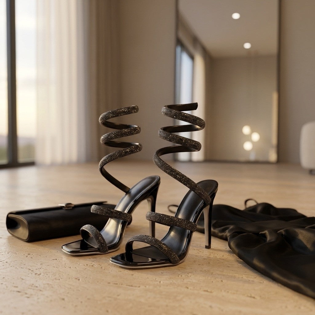Capella women's statement heels with rhinestone detailing and wrap styling