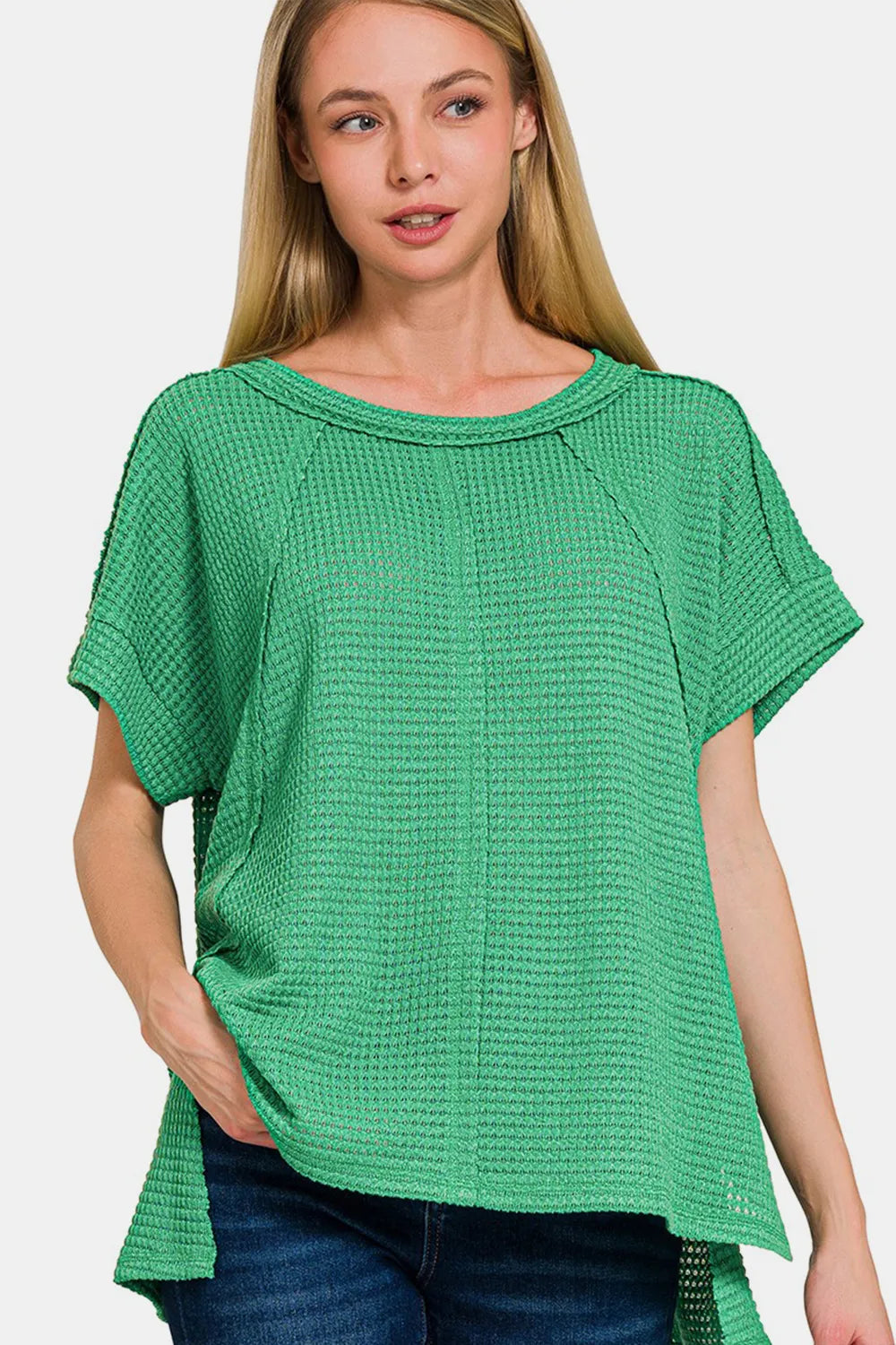 Zenana waffle exposed-seam short sleeve T-shirt in soft fabric, featuring a relaxed fit and exposed seams for a stylish casual look.