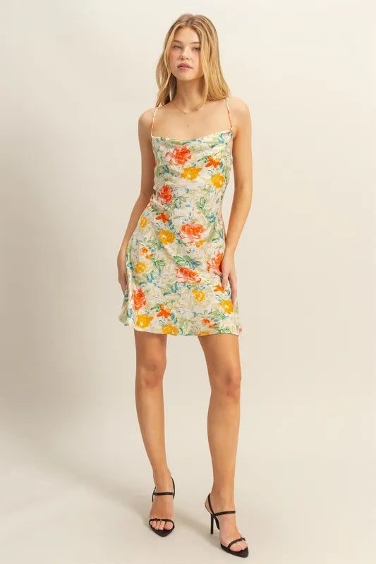 Floral cowl neck satin mini dress by HYFVE featuring a flirty design and elegant draping, perfect for stylish occasions.