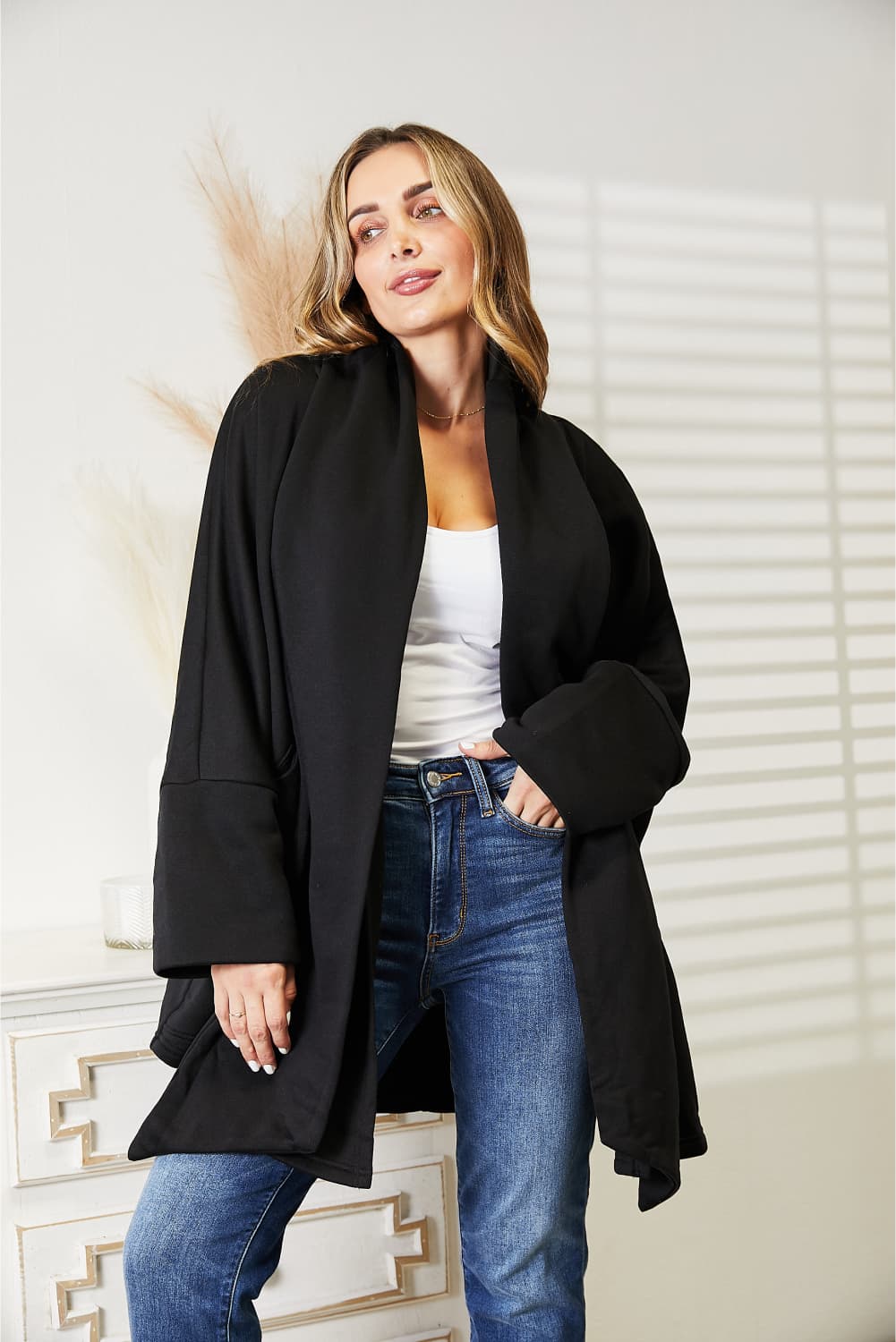 Heyson full size open front cardigan with scarf design, featuring soft knit fabric and versatile style for casual wear.