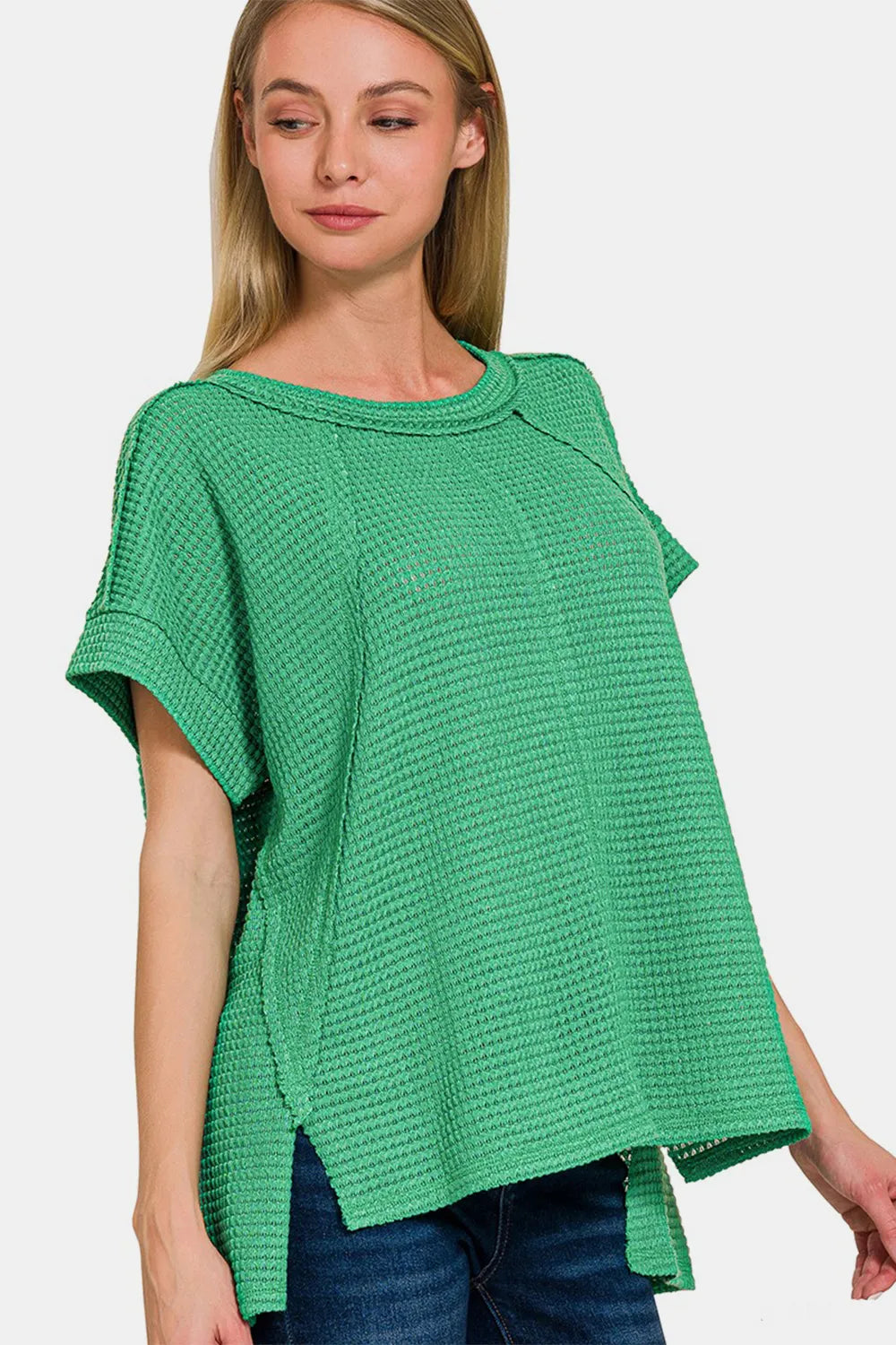 Zenana waffle exposed-seam short sleeve T-shirt featuring a textured fabric and casual fit, perfect for everyday wear.