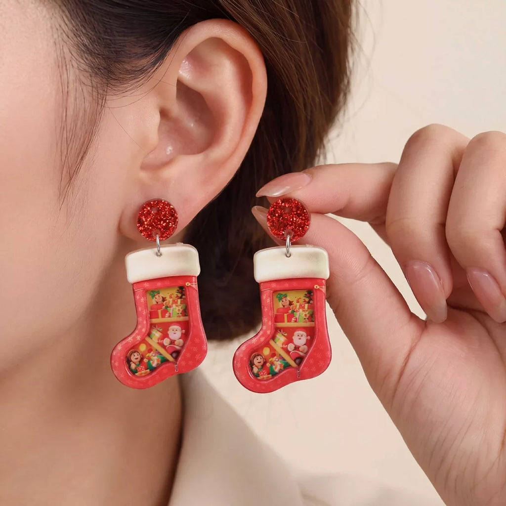 Red Christmas tree and stocking dangle earrings, 2 pairs, view 2