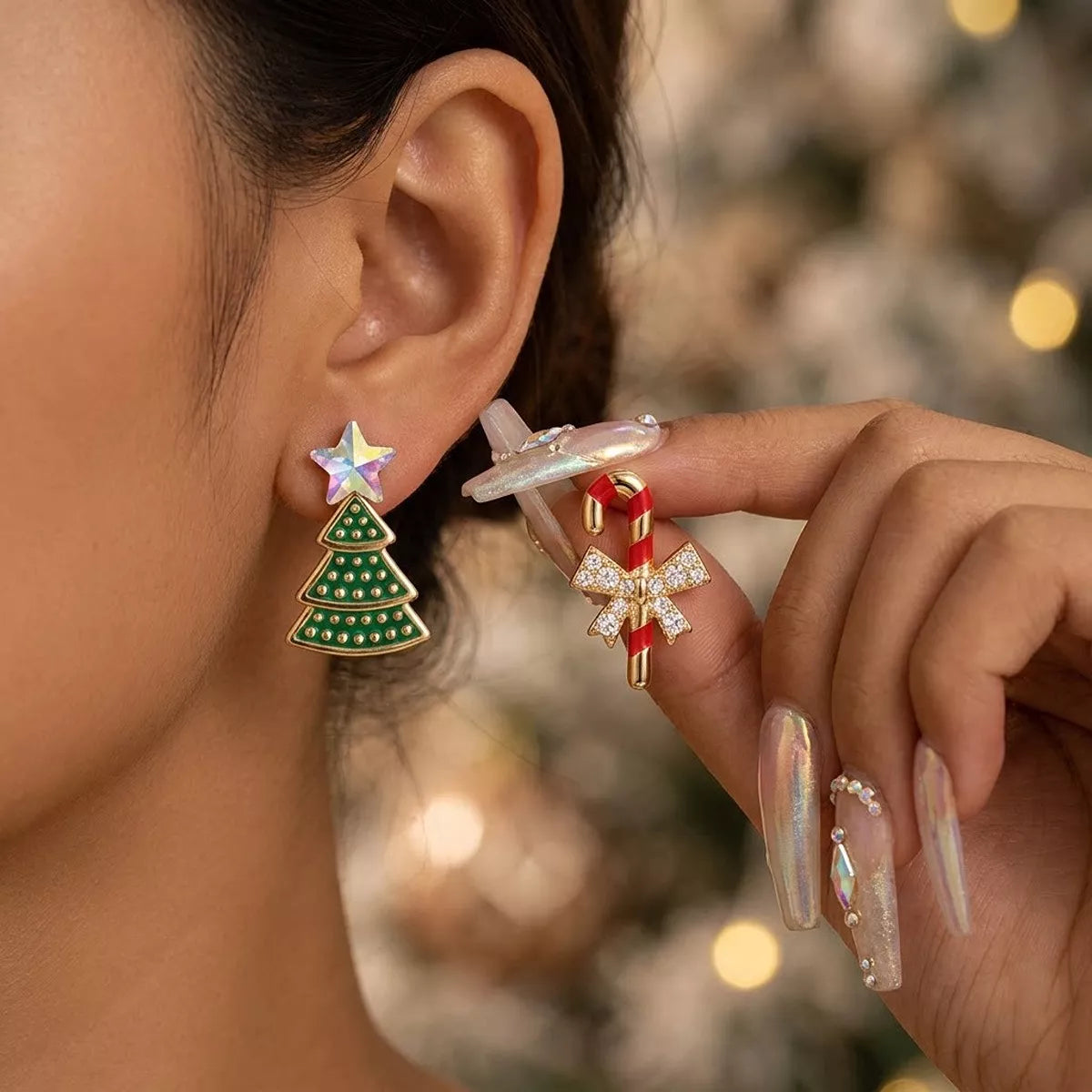 Christmas theme earrings with pearl and zircon, view 8