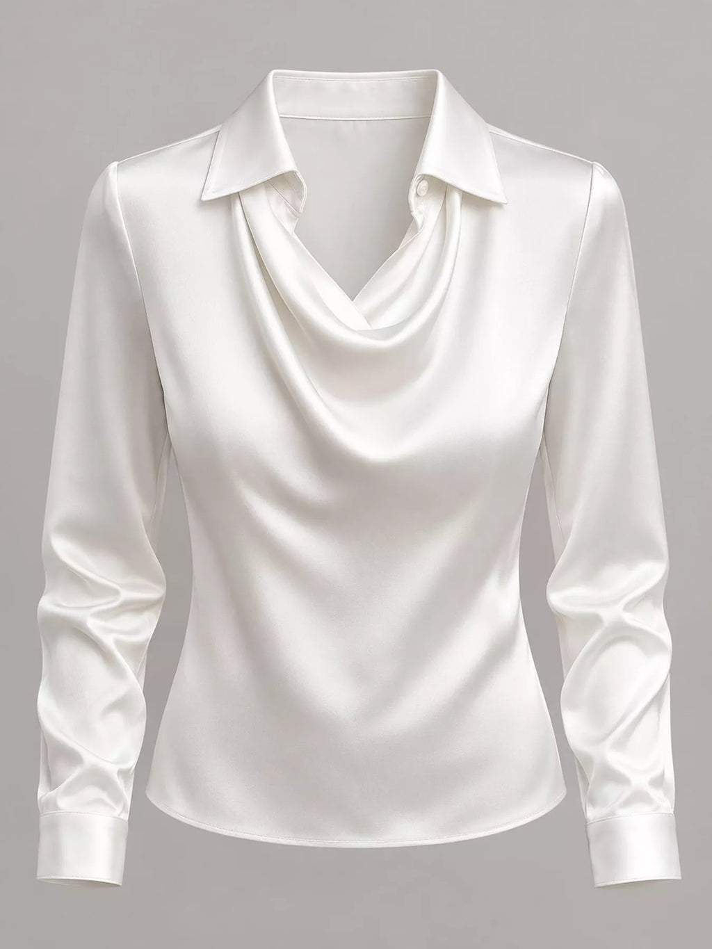 Plus size satin cowl neck blouse by Trendsi, full-length view showing smooth fabric and relaxed fit.