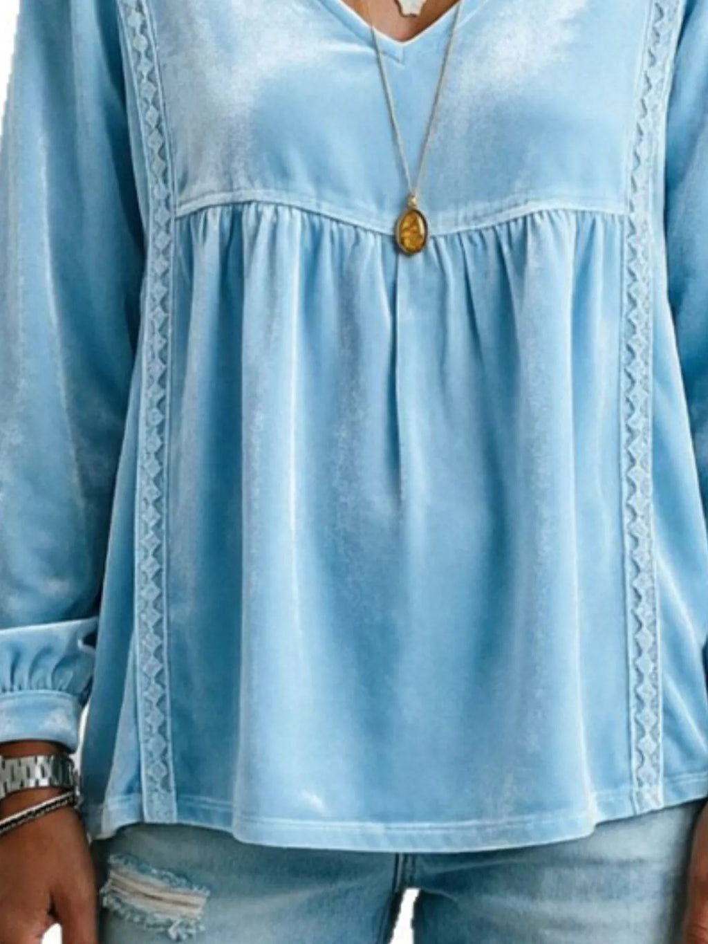 Full size V-neck long sleeve velvet blouse with lace trim from Trendsi, showcasing its soft fabric and elegant design.