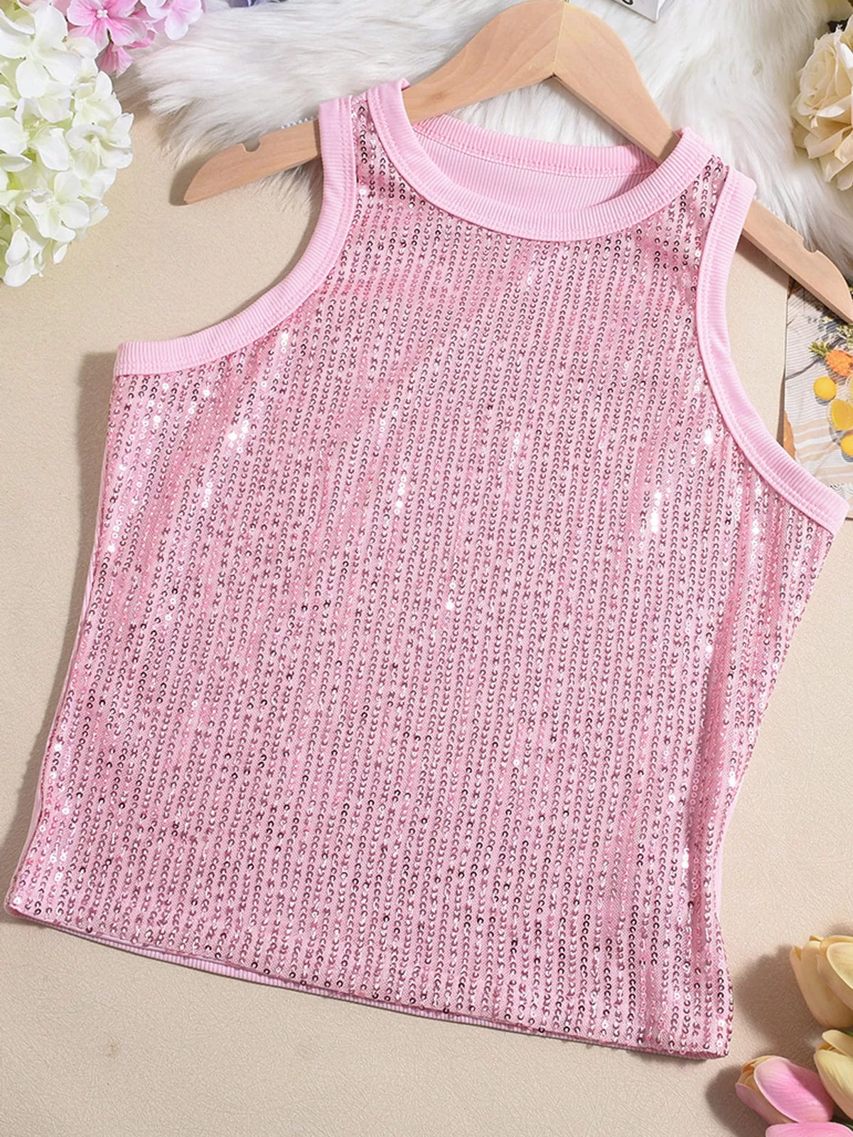 Sequin round neck tank top by Trendsi featuring sparkling sequins and a classic round neckline, perfect for stylish casual wear.