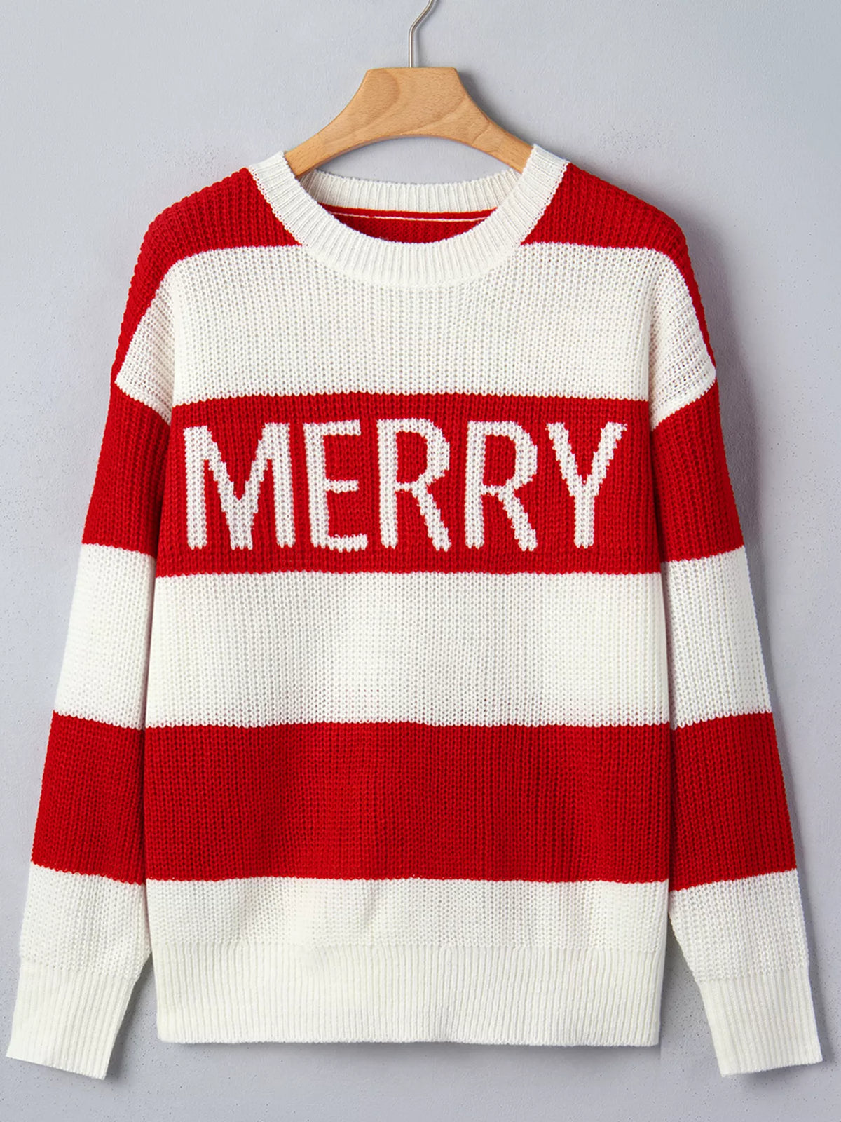 Scarlet striped MERRY Christmas sweater with drop shoulders, view 9