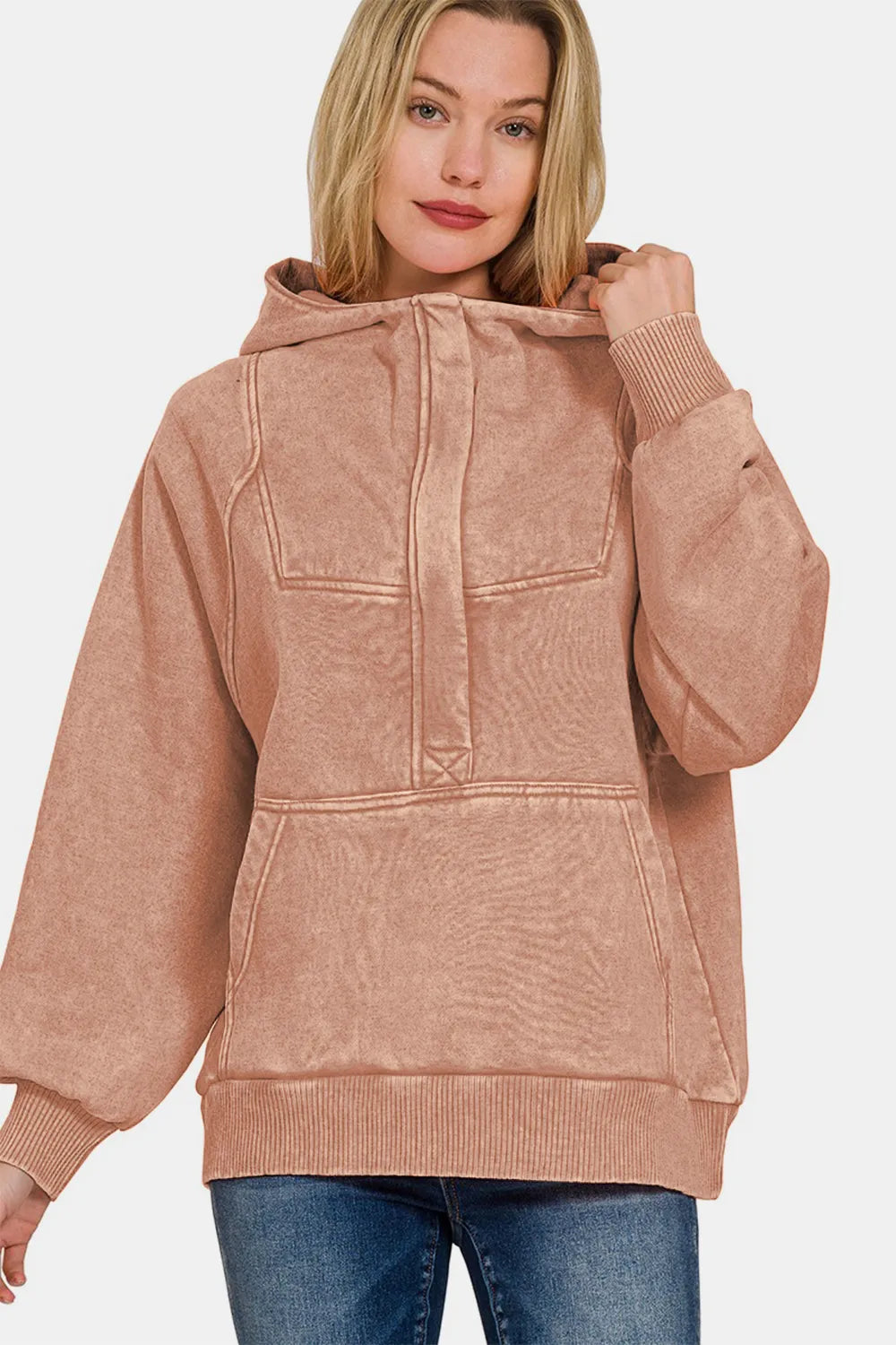 Acid wash fleece kangaroo hoodie from Zenana, featuring a casual fit and cozy design, perfect for comfortable everyday wear.