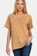 Full size Zenana washed short sleeve V-neck T-shirt by Trendsi, featuring a comfortable fit and casual design in soft fabric.