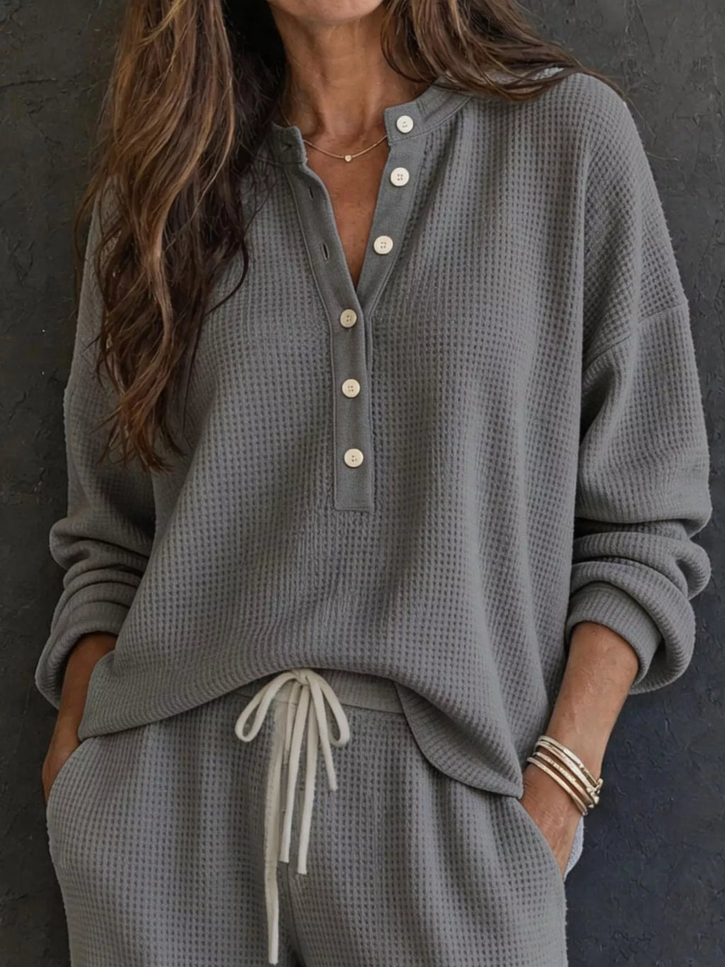Waffle knit henley top and wide leg pants set, view 11