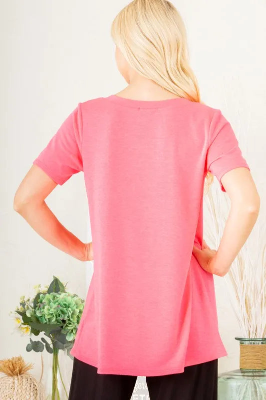 Plus size Heimish full size V-neck short sleeve T-shirt with bar detail, trendy casual top by Trendsi shown in the image.