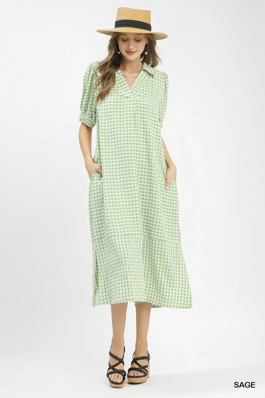 Umgee gingham midi dress with side pockets, featuring a stylish design and comfortable fit, perfect for casual wear.