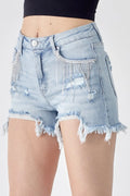 Risen frayed hem denim shorts with fringe detail pockets, showcasing a stylish casual denim look.