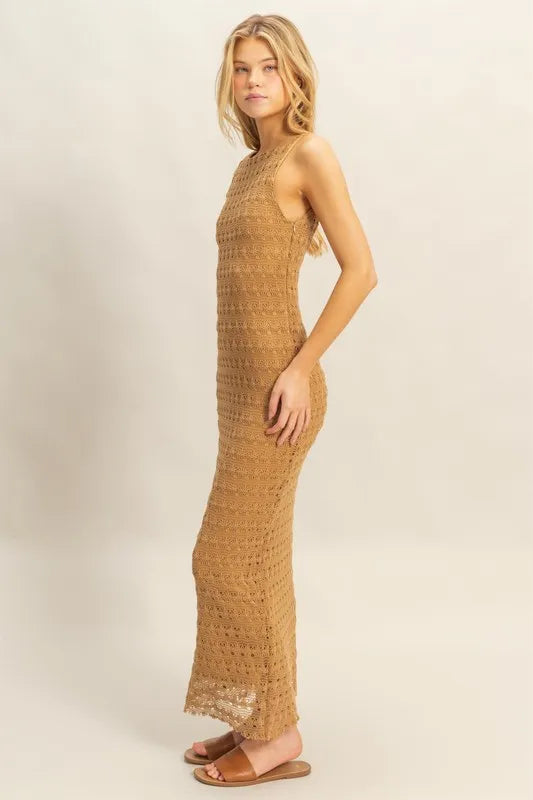 HYFVE sleeveless crochet open back maxi dress with flowy skirt and intricate crochet details, perfect for summer or beachwear.