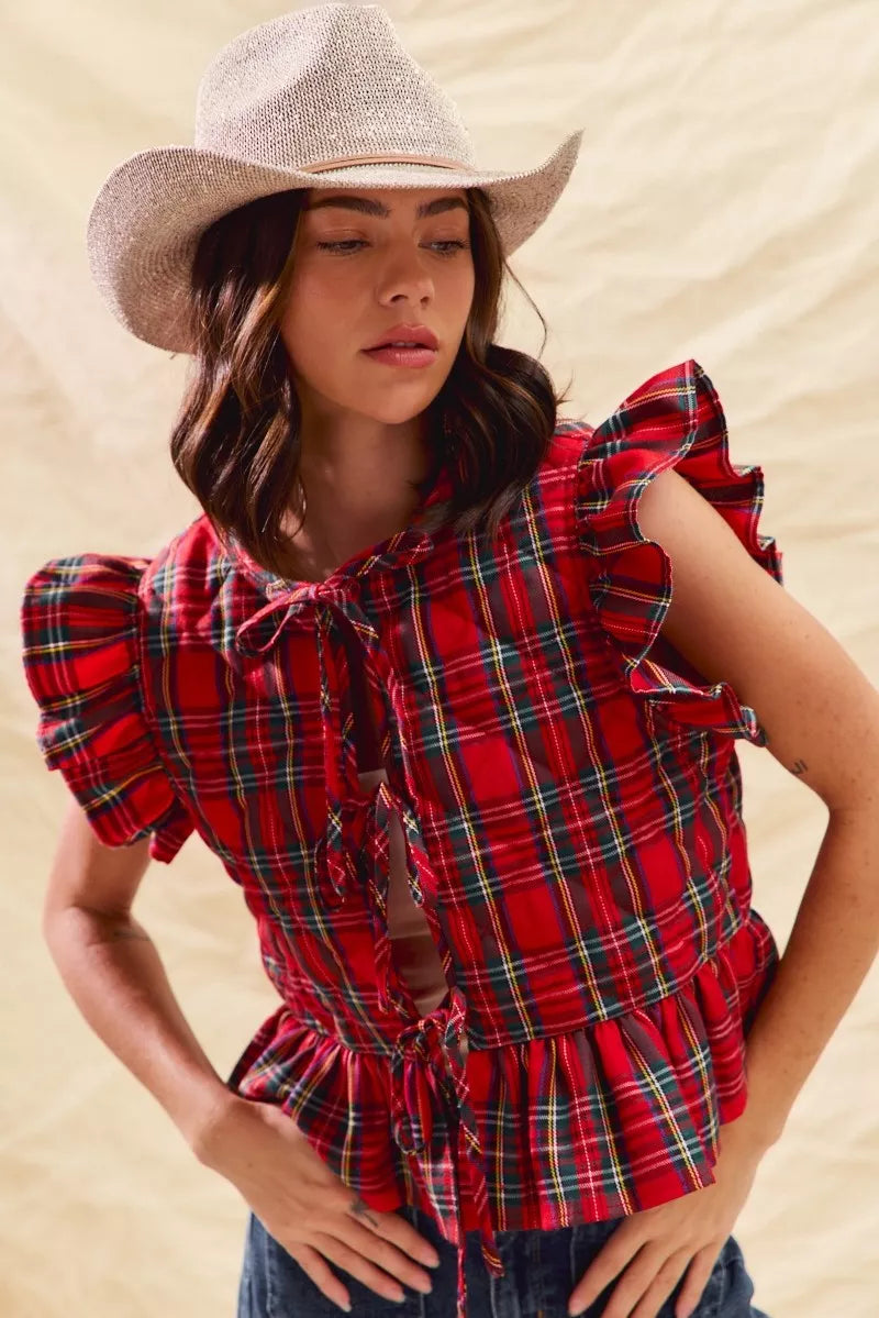 Red plaid ruffled quilted Christmas vest top, view 9