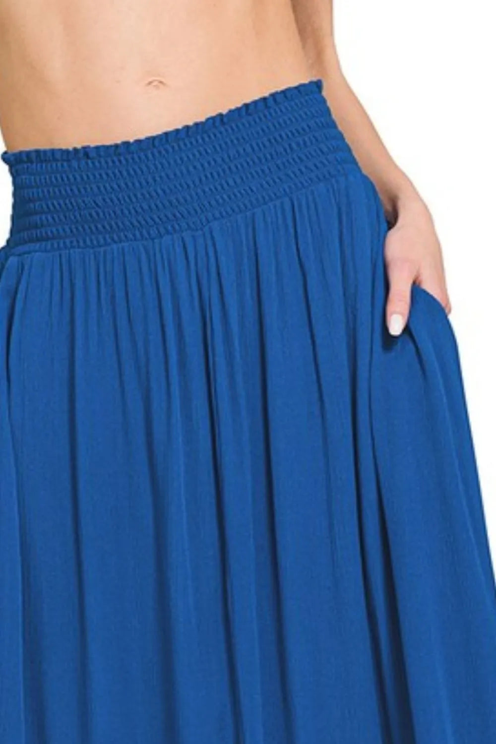 Zenana woven crinkle maxi skirt with smocked waist and pockets, stylish women’s skirt from Trendsi, fabric detail visible.
