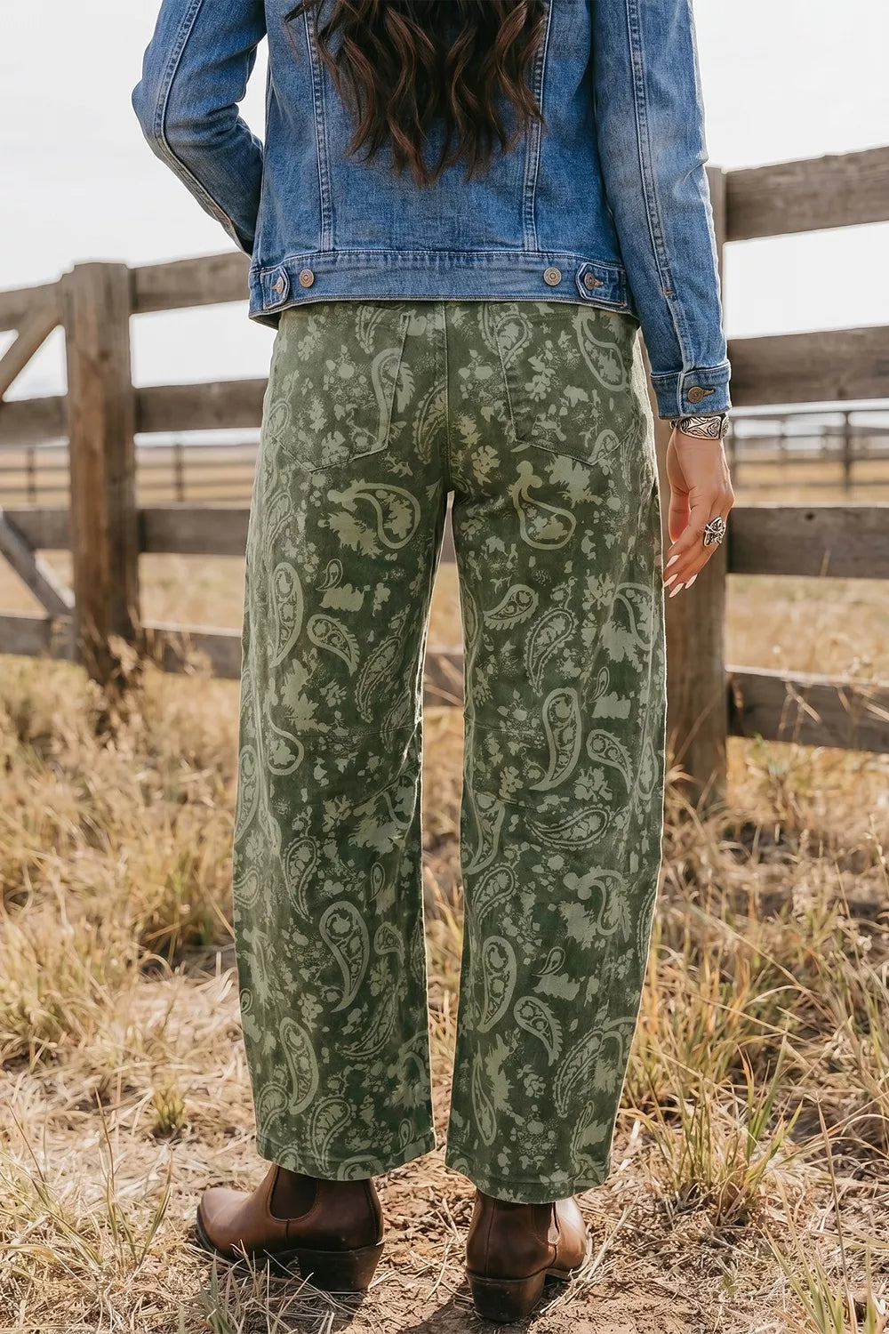 Paisley print harem denim pants from Trendsi featuring relaxed fit and stylish design, shown on a model.