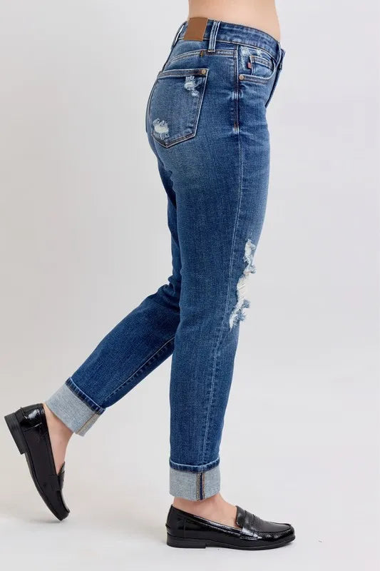 Trendsi Judy Blue full size mid-rise boyfriend destroy jeans with yoke pockets and faux selvedge cuff, plus size denim pants