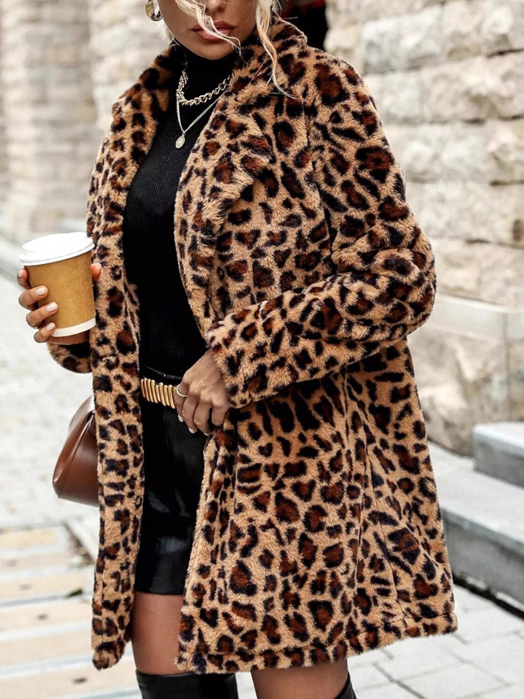 Gold leopard print faux fur longline coat, view 3