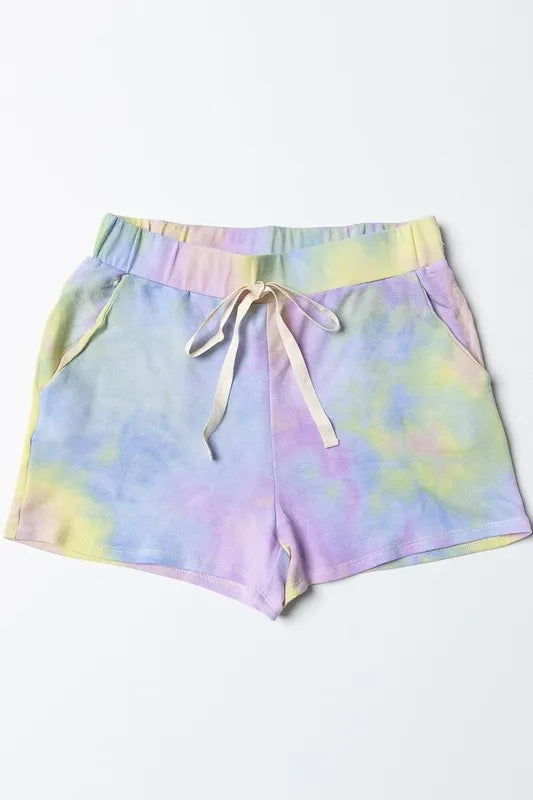 Colorful BiBi Tie Dye French Terry casual shorts with twill tape detailing, comfortable and stylish for everyday wear.