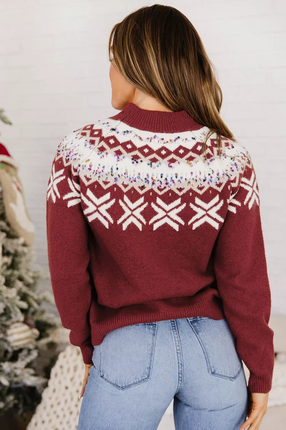 Burgundy Christmas geometric pattern knit sweater, view 5