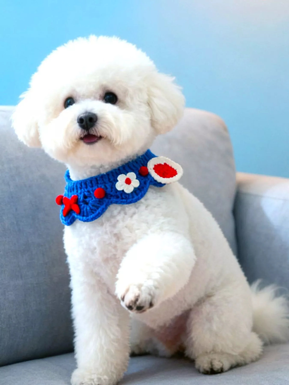Handmade crochet floral pet scarf featuring colorful crochet flowers on soft fabric, stylish accessory for small dogs or cats.