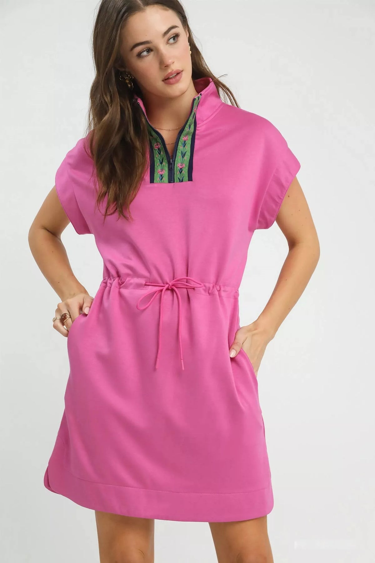 Umgee dolman sleeve zip detail dress featuring a relaxed fit and stylish design, perfect for casual or dressy occasions.