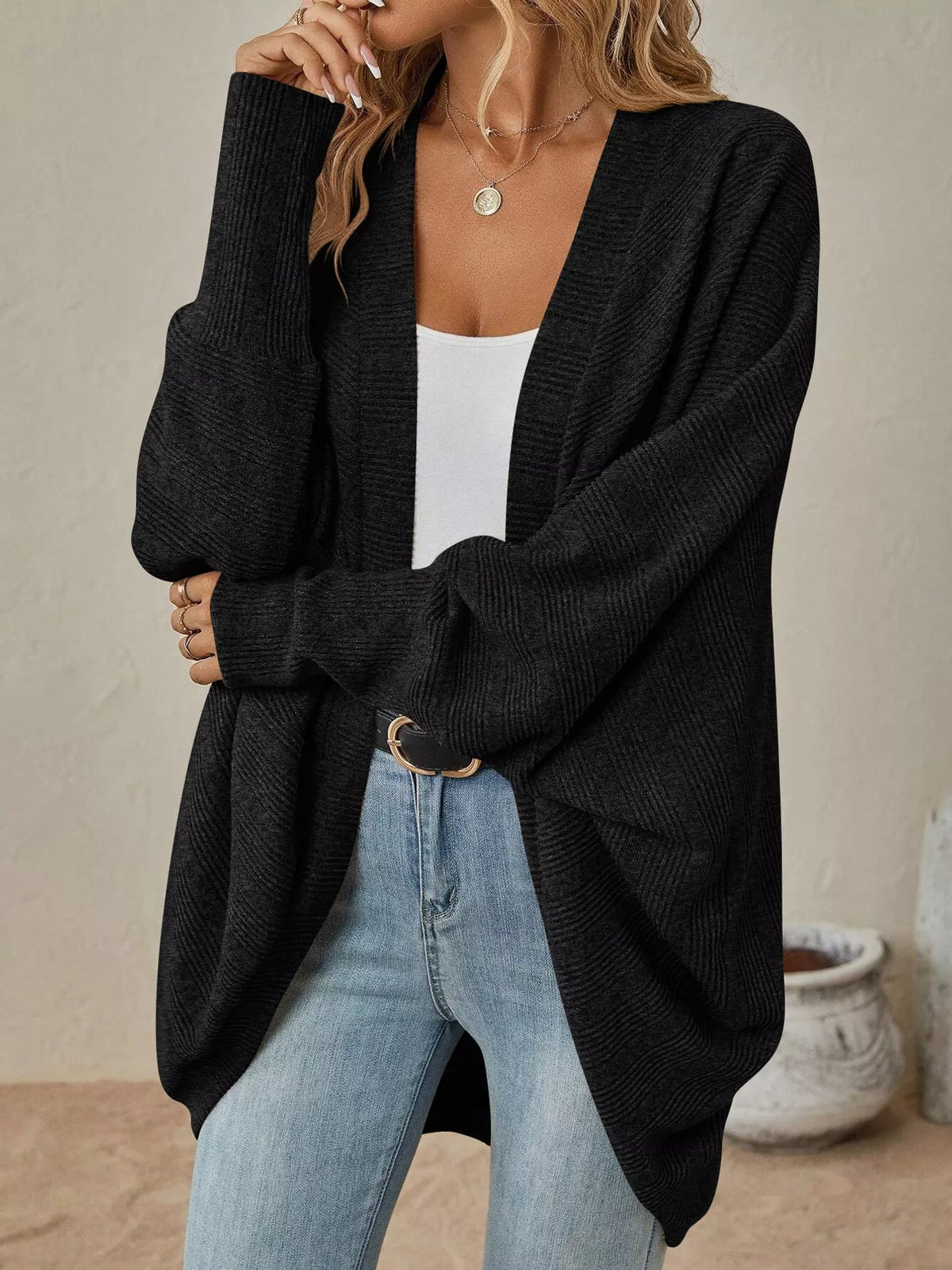 Open-front ribbed batwing sleeve cardigan, view 3
