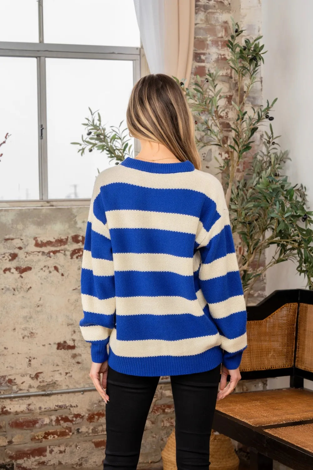 Full size contrast striped round neck sweater by Trendsi, featuring bold horizontal stripes and a cozy, casual fit.