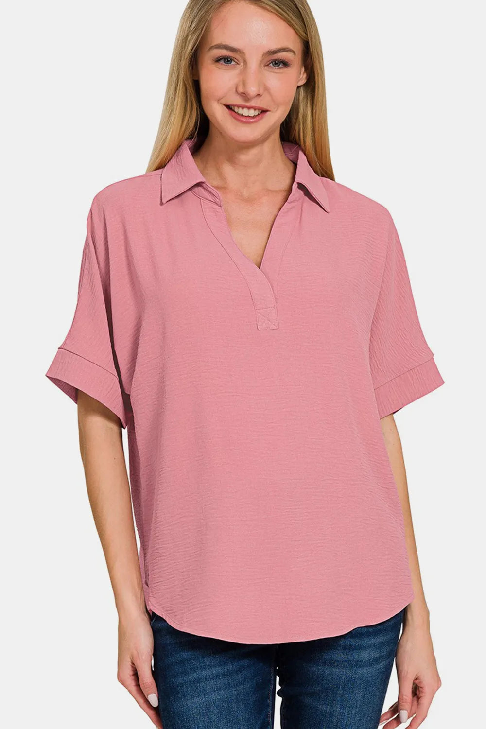 Zenana texture collared neck short sleeve top, stylish and comfortable, shown in a close-up image highlighting the fabric and collar details.
