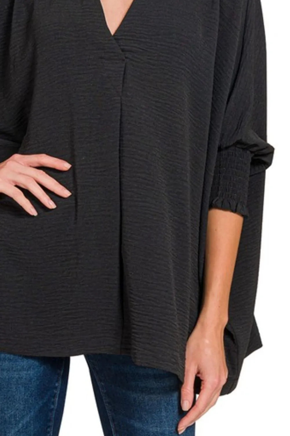 Zenana Airflow Collar Tee with smocked sleeve band, lightweight top featuring a relaxed fit and stylish design.